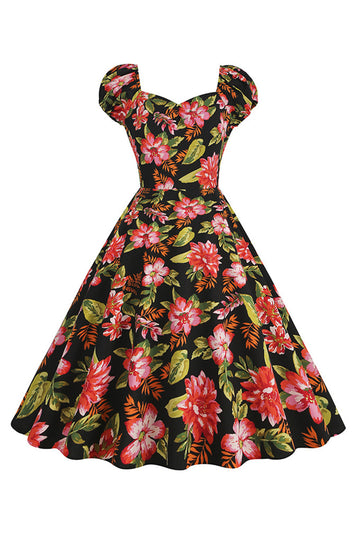 Vestido Vintage Estampado Negro Mangas Cortas